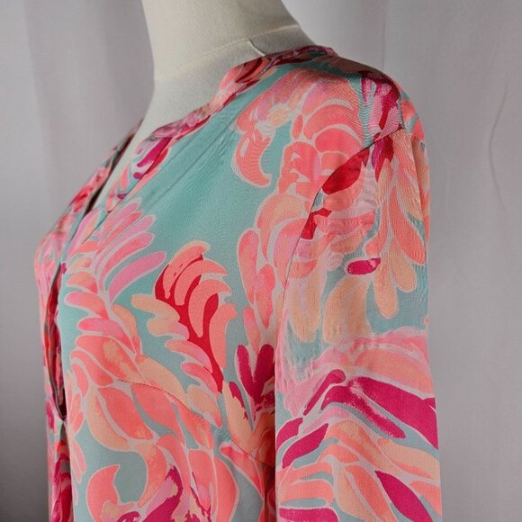 Lilly Pulitzer Stacey Silk Top Blouse Small Long Sleeve Pink Blue - Picture 5 of 14
